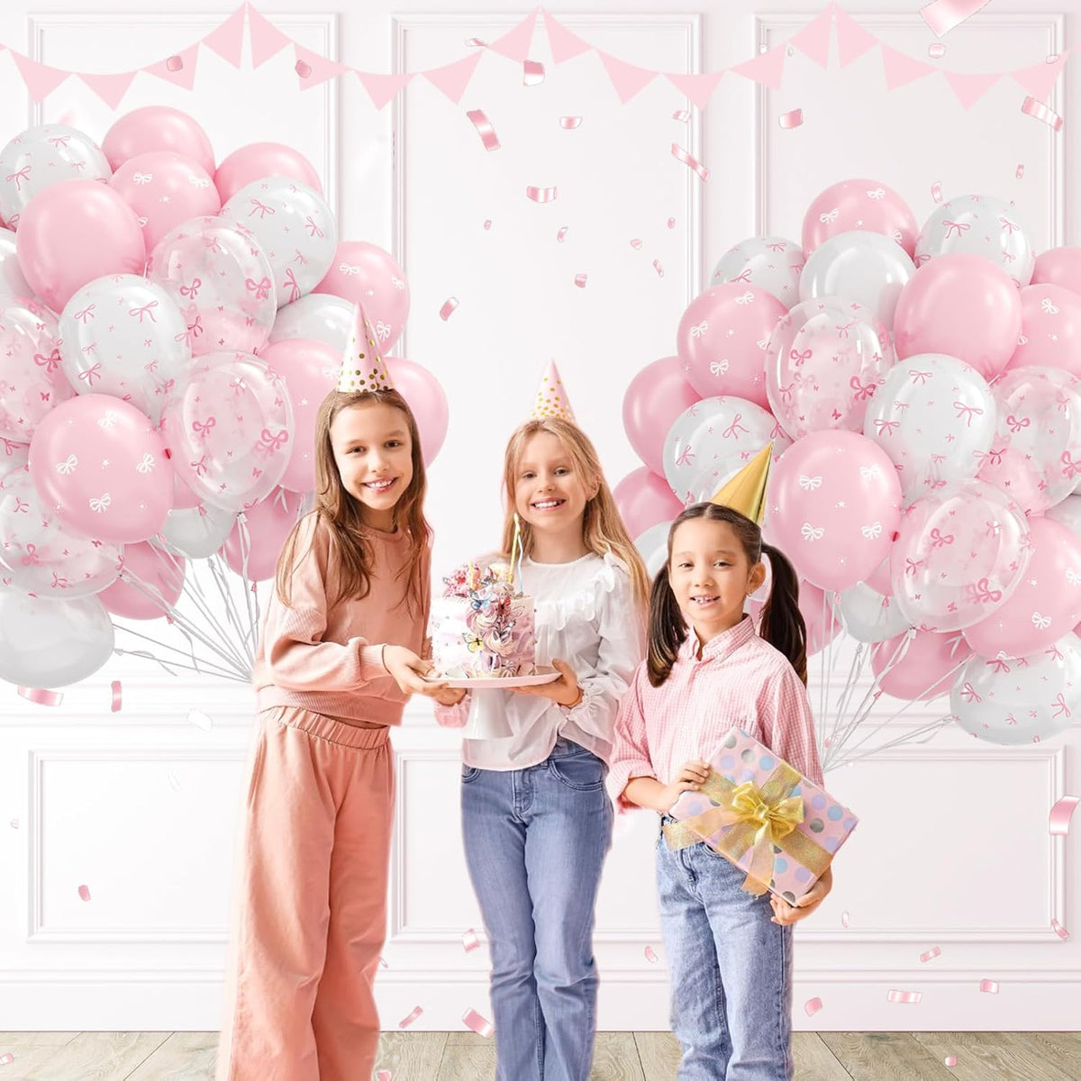 60pcs Pink Bow Balloons 12inch with Pink White Clear Bow Balloons for Pink Coquette Wedding Baby