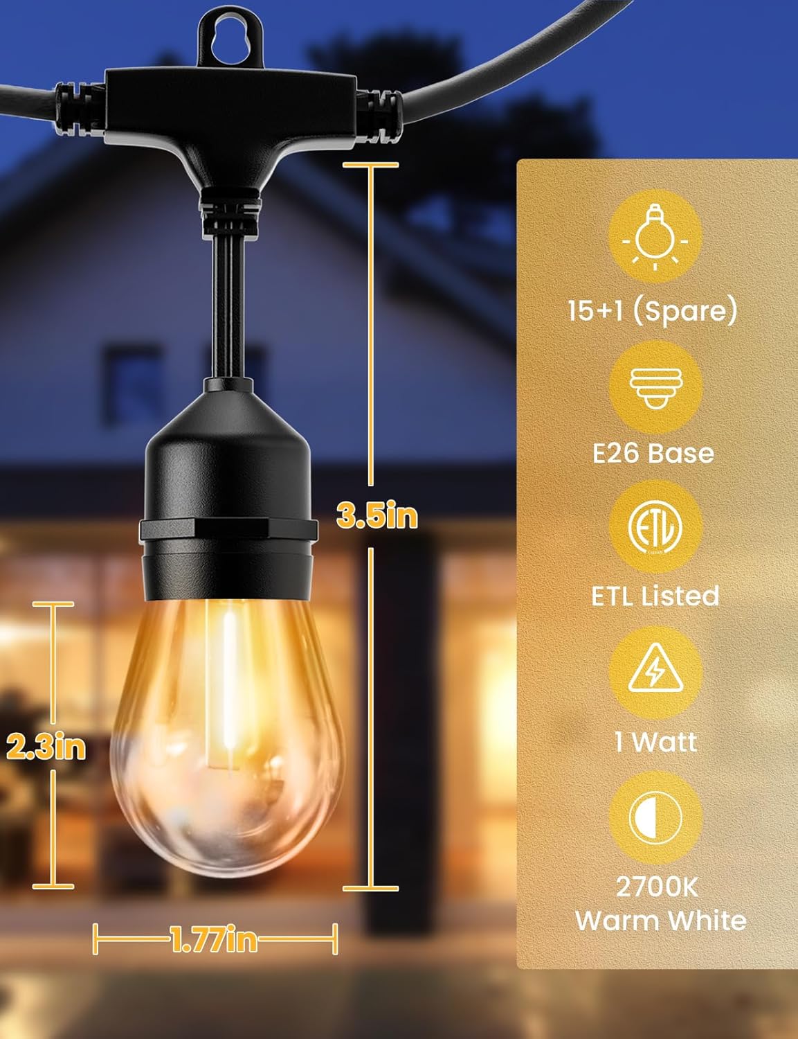 Svater Outdoor Led String Lights 50FT, Patio Lights with 16pcs S14 Shatterproof Bulbs, 1 Watt E26