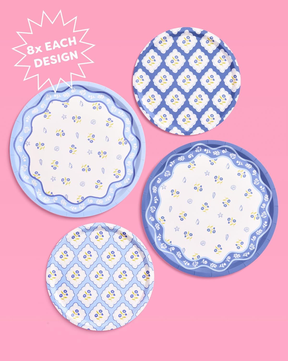xo, Fetti Blue Coastal Paper Plates | 32 pcs, 2 sizes | Nautical Bachelorette Decorations, Seaside