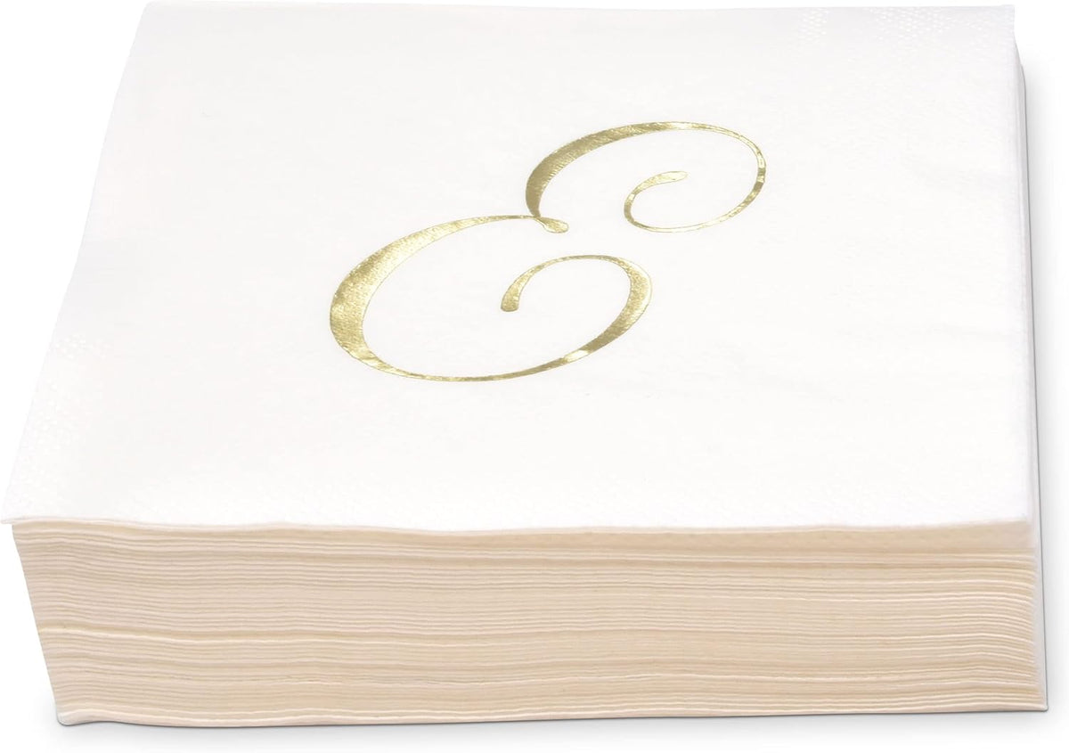 Gift Boutique 100 Gold Monogram Cocktail Napkins Letter E Disposable Paper Hand Towels for Bathroom