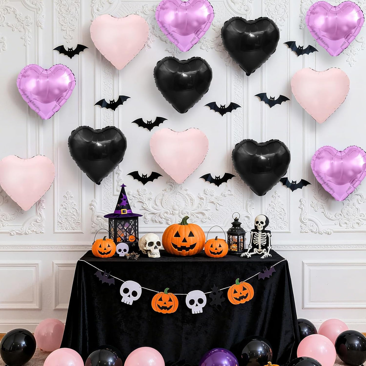 Purple Pink Black Heart Balloons, 18 Inch Baby Pink and Purple Black Heart Foil Shape Balloon