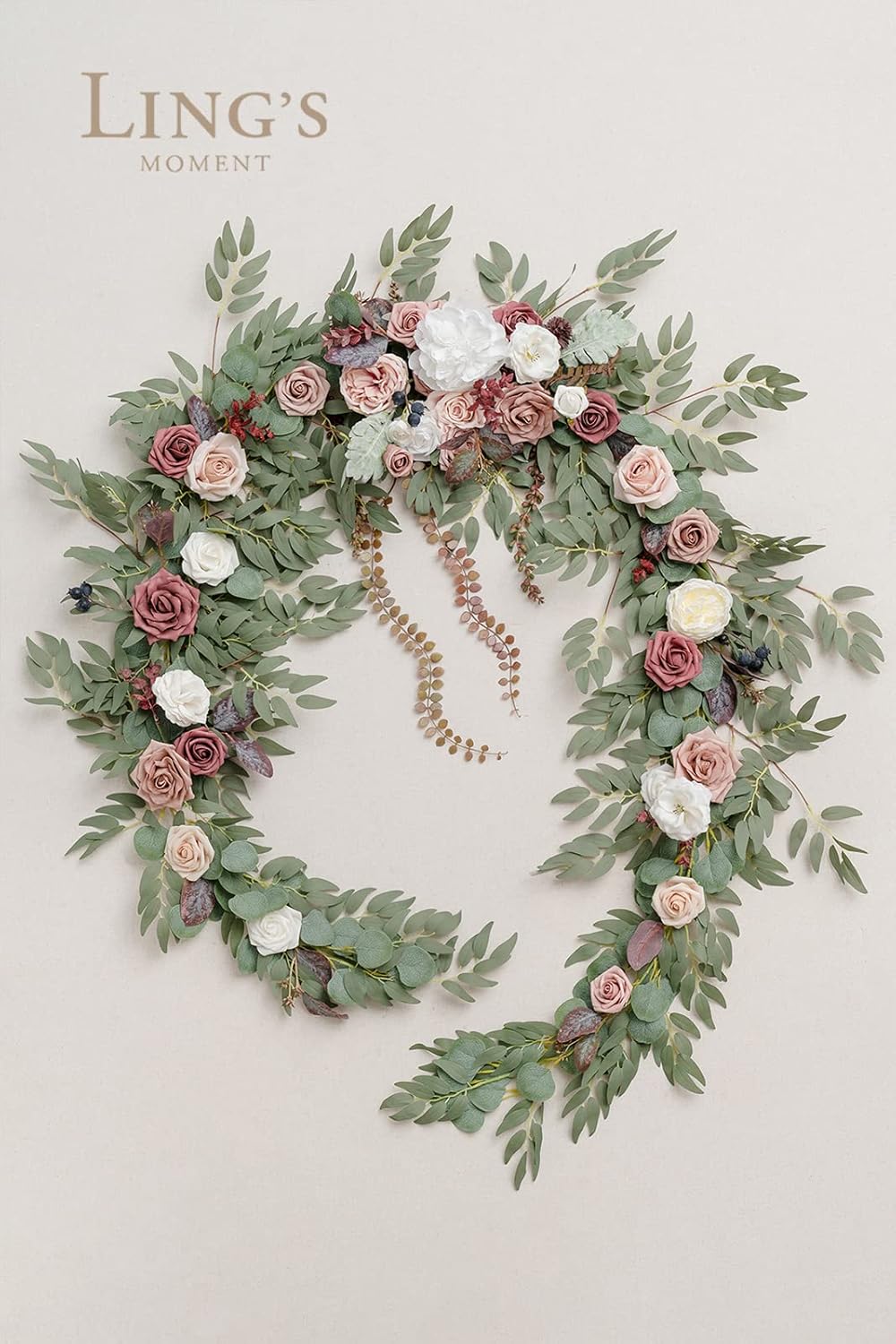 Ling's Moment 9FT Eucalyptus and Willow Leaf Garland with White Flower, Handcrafted Wedding