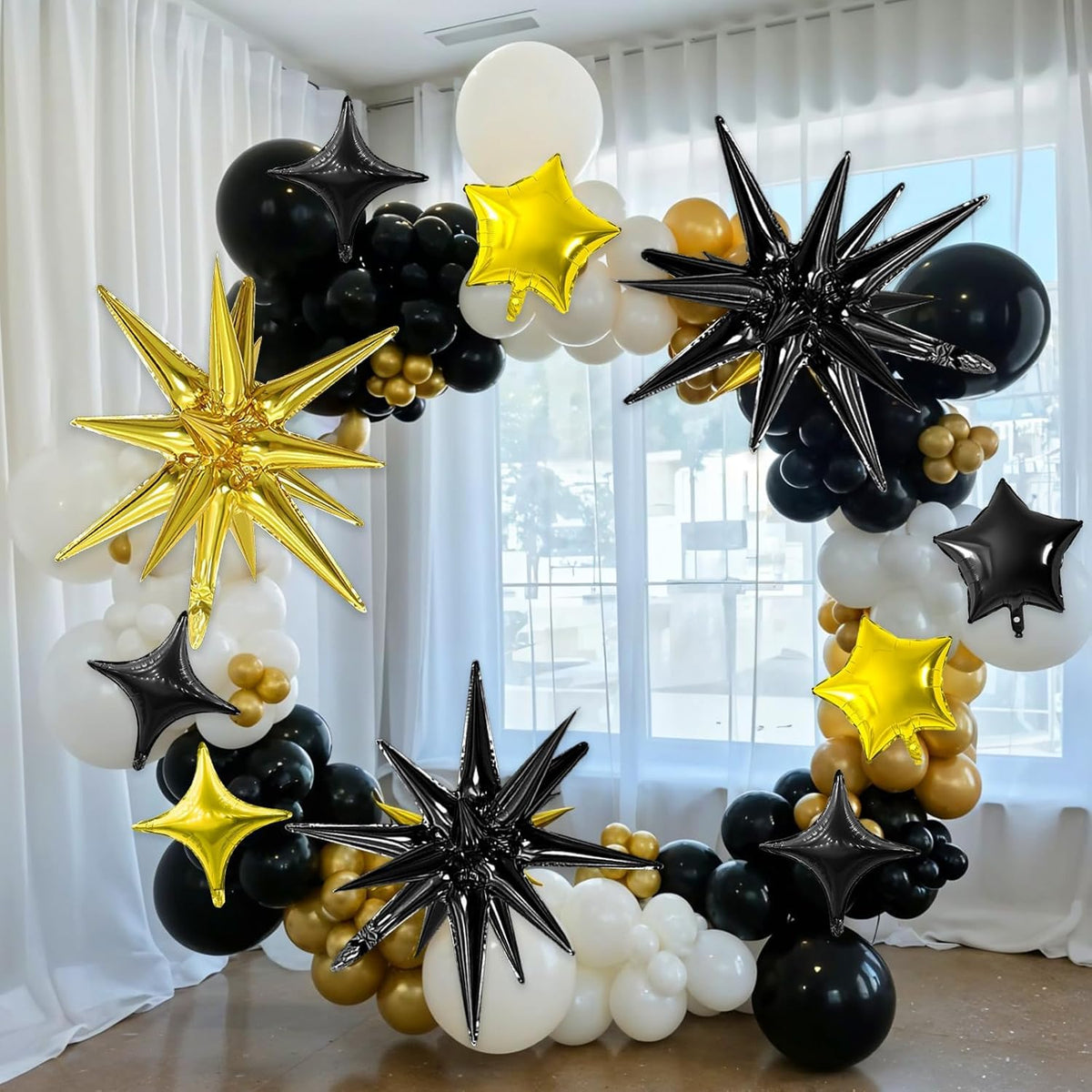 Black Gold Star Balloon,16Pcs Star Foil Balloons Set with 22Inch Explosion Spike Cone Balloons and