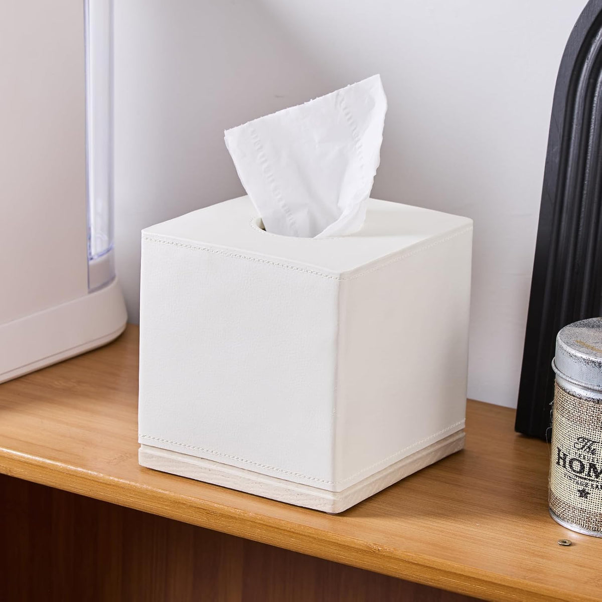 Tissue Box Cover Square Resin Tissue Holder for Home Decor,Hand Carved Beige Leather Cube Tissue