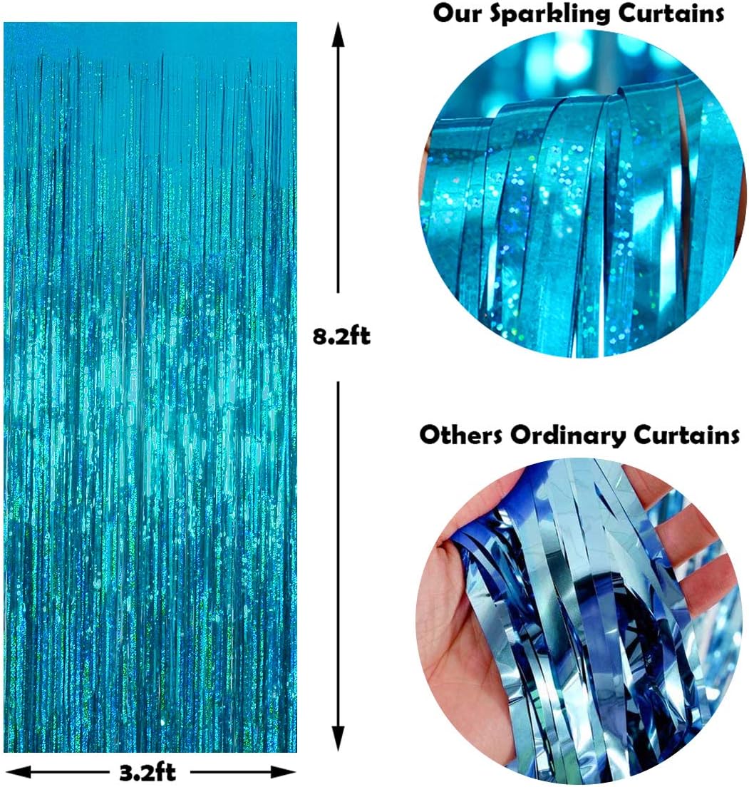 Melsan 2 Pack 3.2 ft x 8.2 ft Teal Tinsel Foil Fringe Curtains Backdrop, Sparkle Metallic Foil