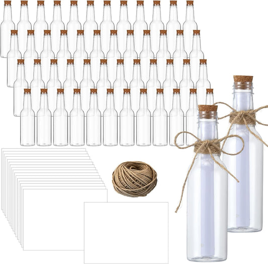 Baderke 48 Pcs 5.6 oz Message Bottles with Letter Printer Paper Plastic Bottles & Corks Twines for