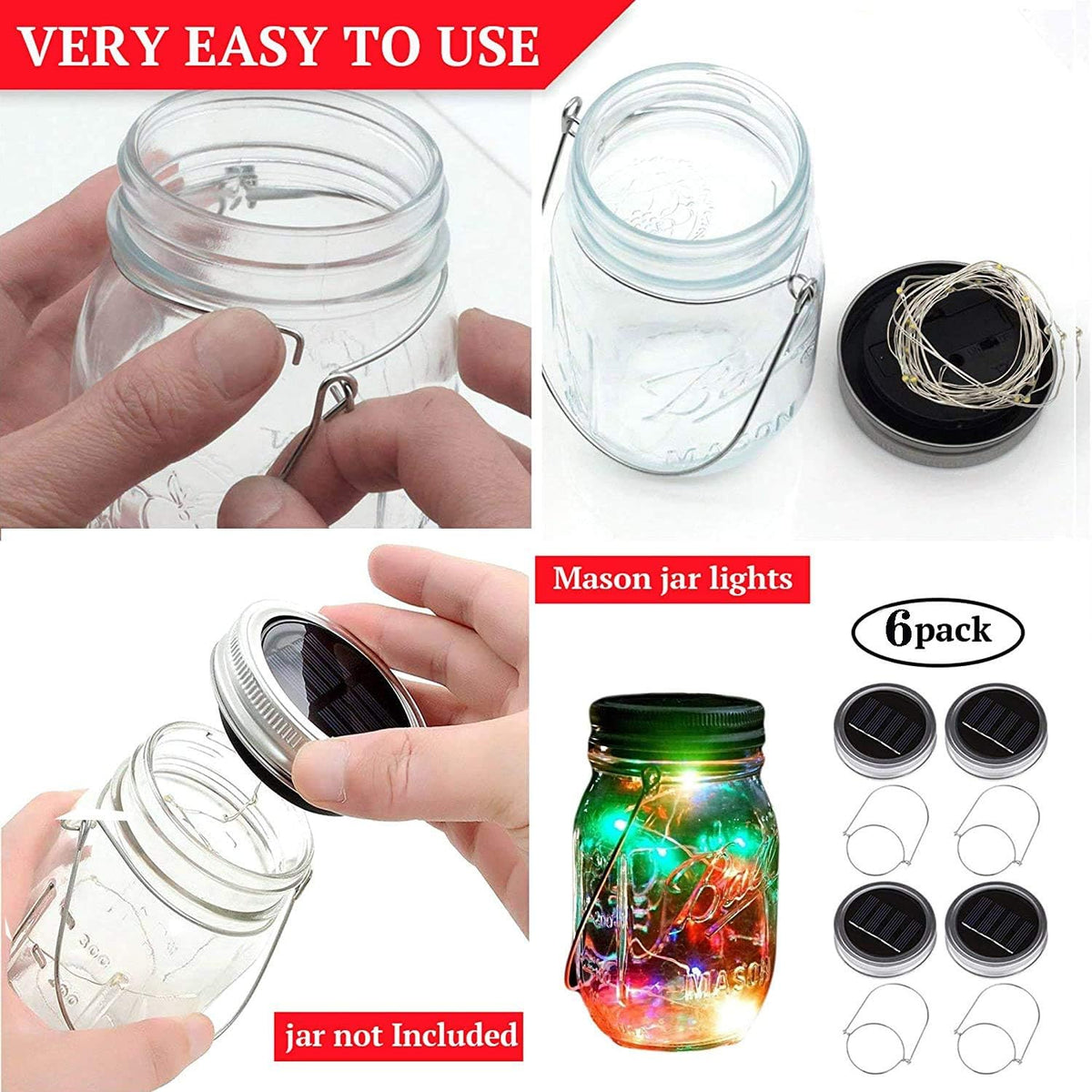 VOOKRY 6 Pack Solar Mason Jar Lights, 30 LED Mason Jar Lids Waterproof Firefly Fairy String Lights