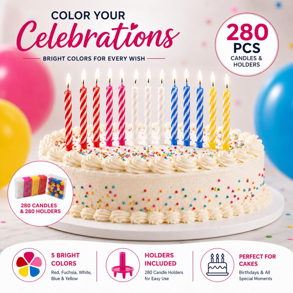 Cwise 280-Count Birthday Candles Bulk Pack with Holders – Spiral Cake & Cupcake Candles