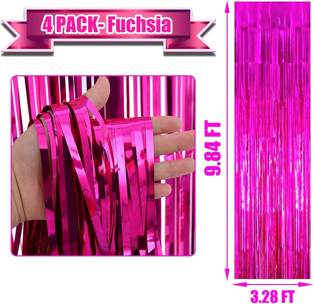 Pack Fuchsia Foil Fringe Curtain Backdrop, 3.28Ft x 9.84Ft Metallic Tinsel Foil Fringe Streamers