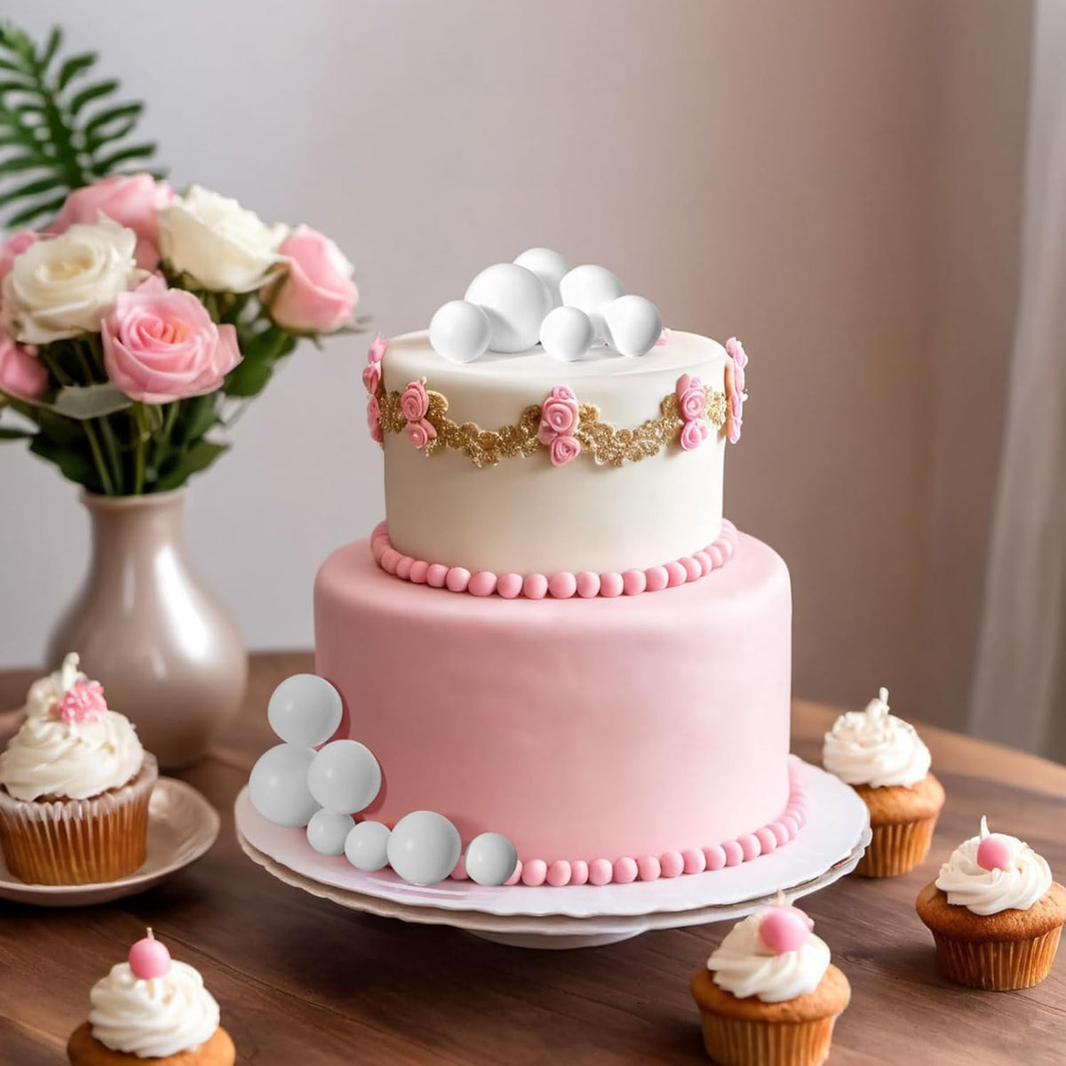 ASTARON 20 Pcs Ball Cake Topper Decorations Mini Balloons Cake Topper Sticks White Balls Cake Picks