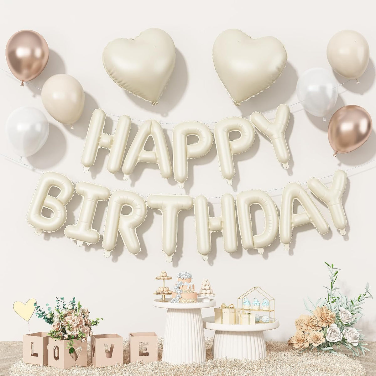 Happy Birthday Balloon Banner Cream, 16 Inch Beige Mylar Letters Heart Foil Balloons Pearl White