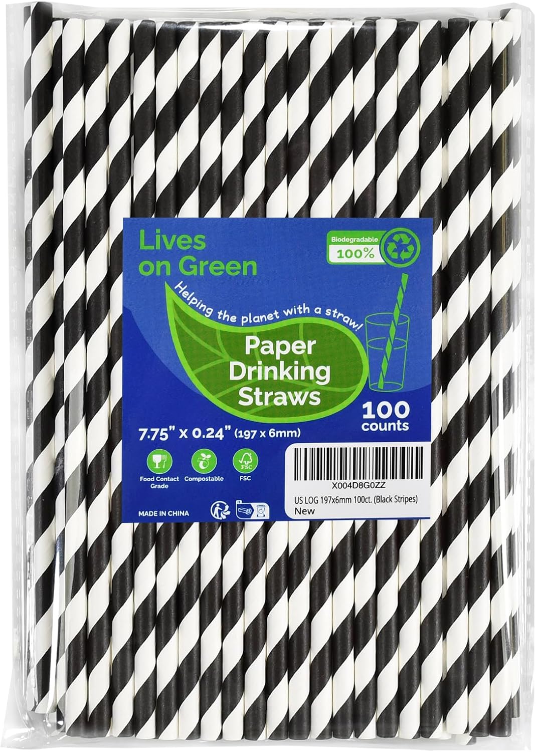 Black White Striped Biodegradable Paper Drinking Straws Unwrapped 7.75 inch 100 Counts - for