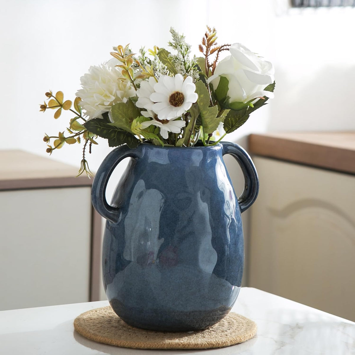 Blue Ceramic Vase with 2 Handles - Modern Farmhouse Rustic Terracotta Decorative Clay Boho Vase for