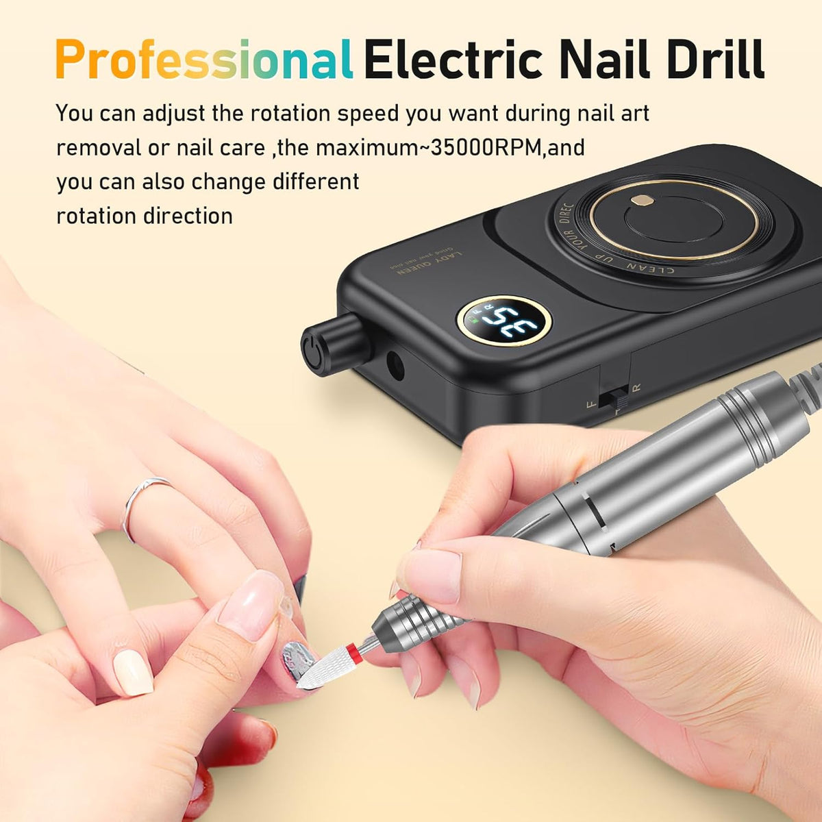 Portable Nail Drill Electric File: 35000RPM Professional Rechargeable Nail E File Machine,for