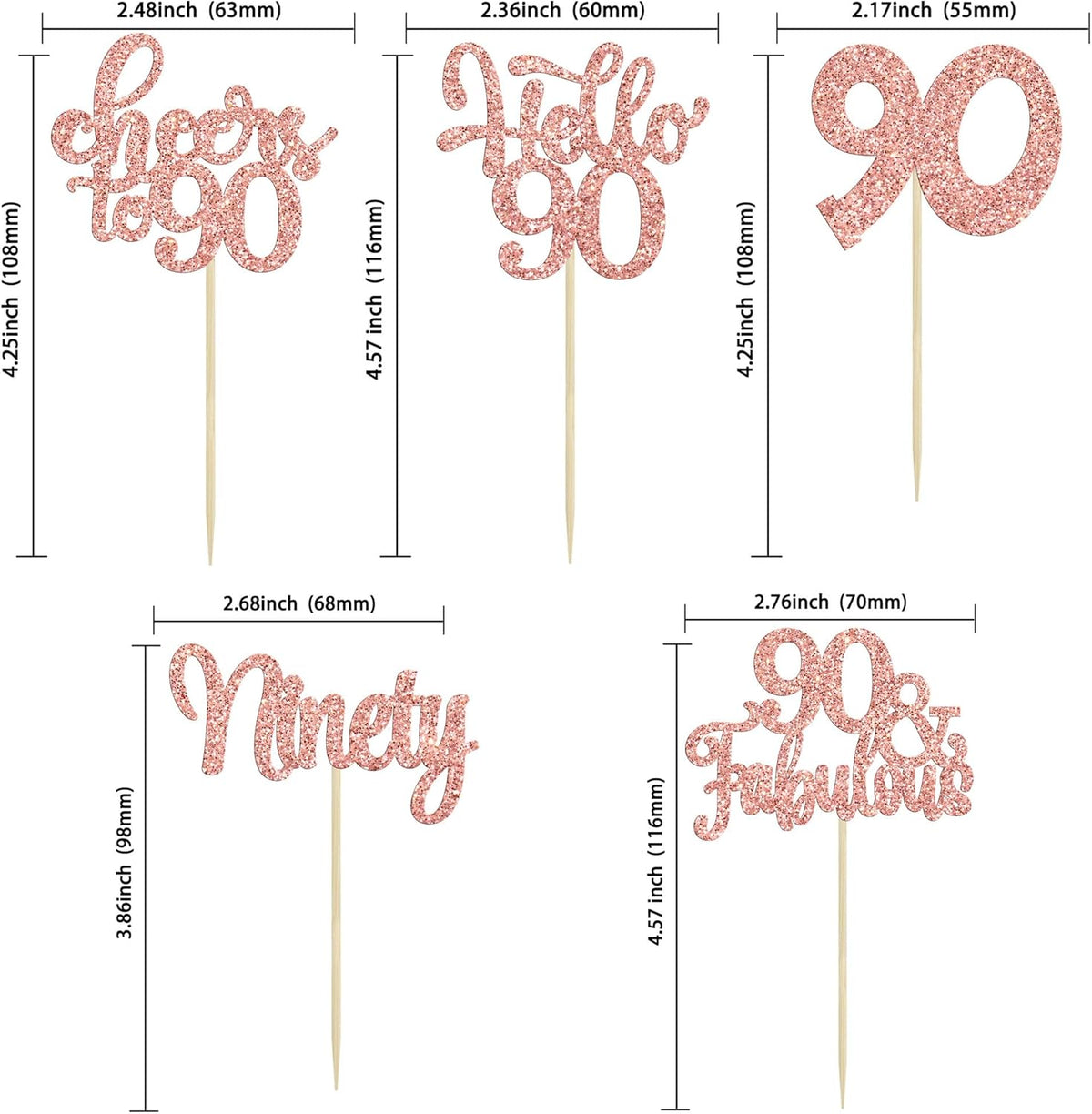 Gyufise 30pcs Happy 90th Birthday Cupcake Toppers - Rose Gold Glitter Ninety Cheers to 90 Years Old