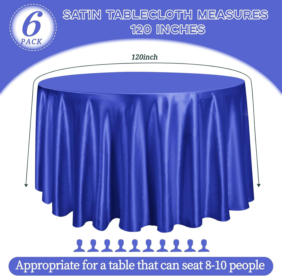 fani 6 Pack 120 Inch Royal Blue Satin Tablecloth - Silky Round Tablecloth Overlay Smooth Fabric