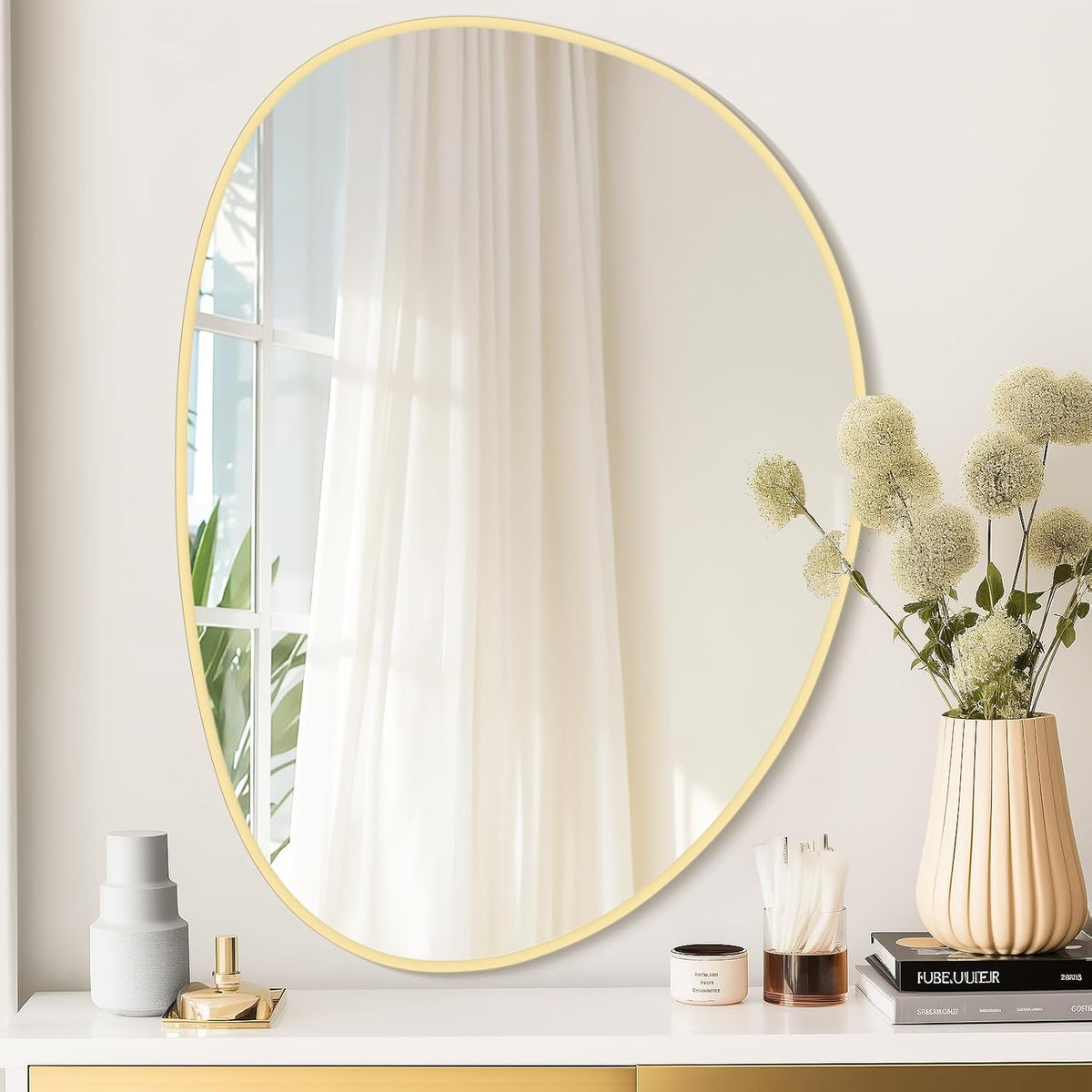 WallBeyond Irregular Wall Mirror, Asymmetrical Mirror Wall Mounted with Gold Framed for Living
