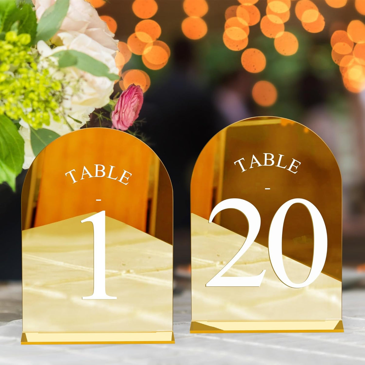 JOYIT Arch Wedding Table Numbers 1-20 with Stands – 5" X 7" Acrylic Mirrored Gold Table Number