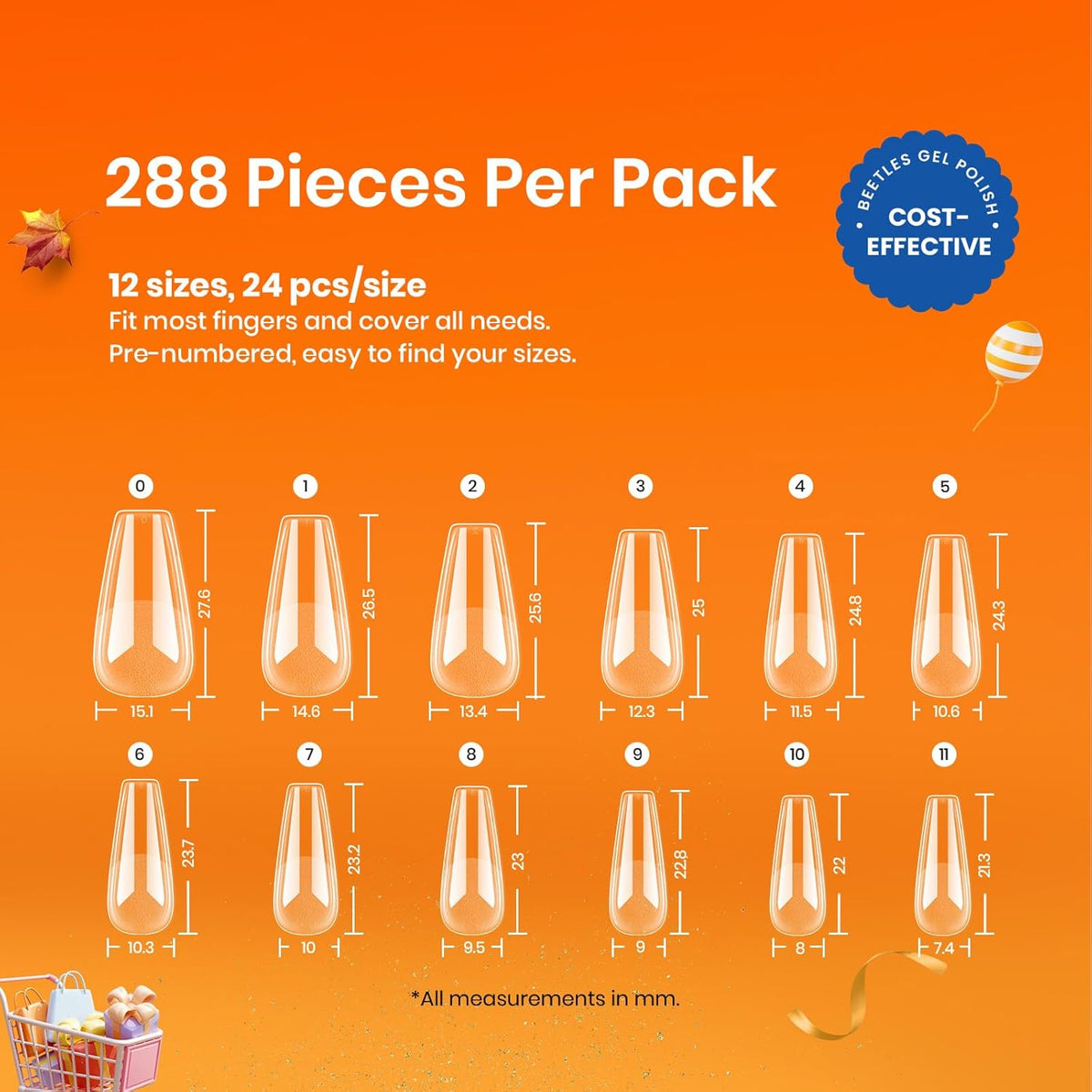 Beetles Gel Nail Tips Medium Coffin Etch X Nail Tips, 12 Sizes 288Pcs Pre Shaped Half Matte Press