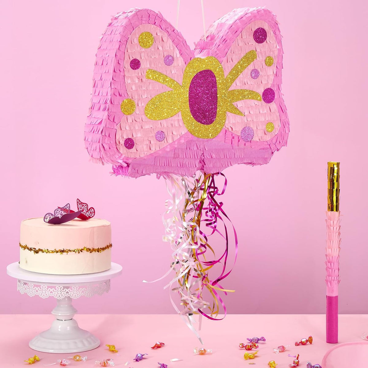 WERNNSAI Pink Bow Piñata - Girls Birthday Party Decoration Bow Tie Piñata with Blindfold and Bat