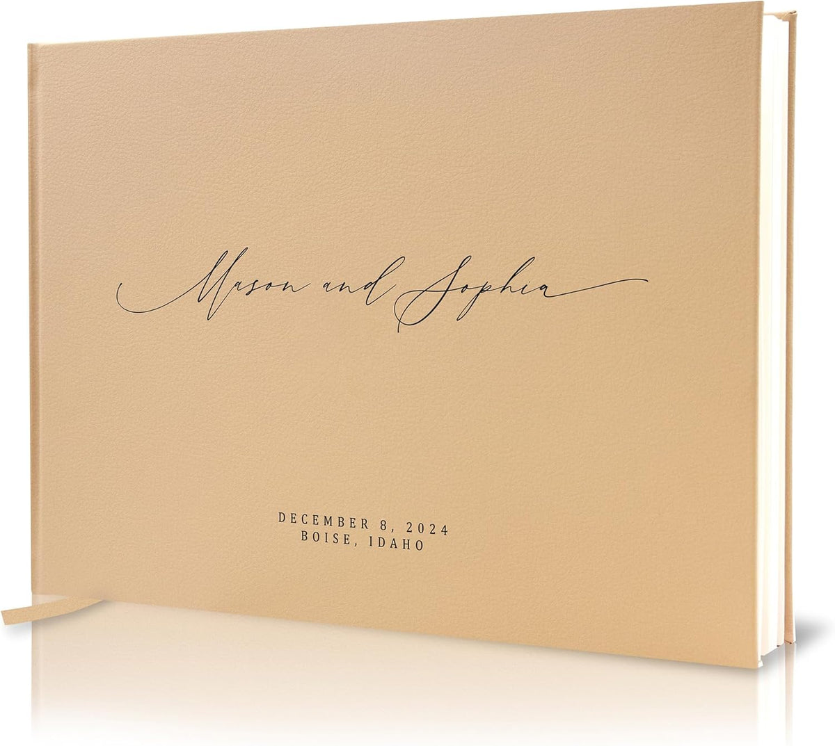 MUUJEE Personalized Guestbook in Tan - Premium Tan Leatherette Custom Modern Guest Book for Wedding