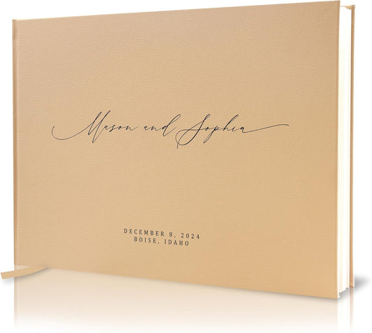 MUUJEE Personalized Guestbook in Tan - Premium Tan Leatherette Custom Modern Guest Book for Wedding