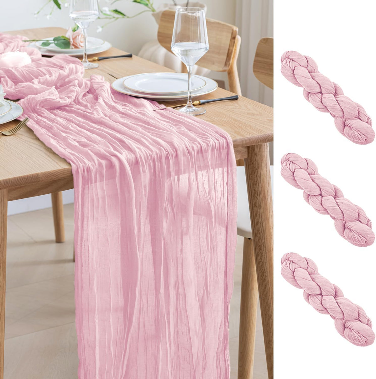 Asee'm 3pcs Cheesecloth Table Runner 120 Inches Blushing Pink Boho Gauze Cheese Cloth Runner 10FT