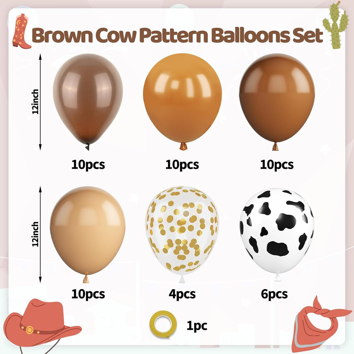 Brown Cow Balloons, 50 Pcs Cow Print Balloons, 12 Inch Dark Brown Coffee Nude Tan Neutral Gold