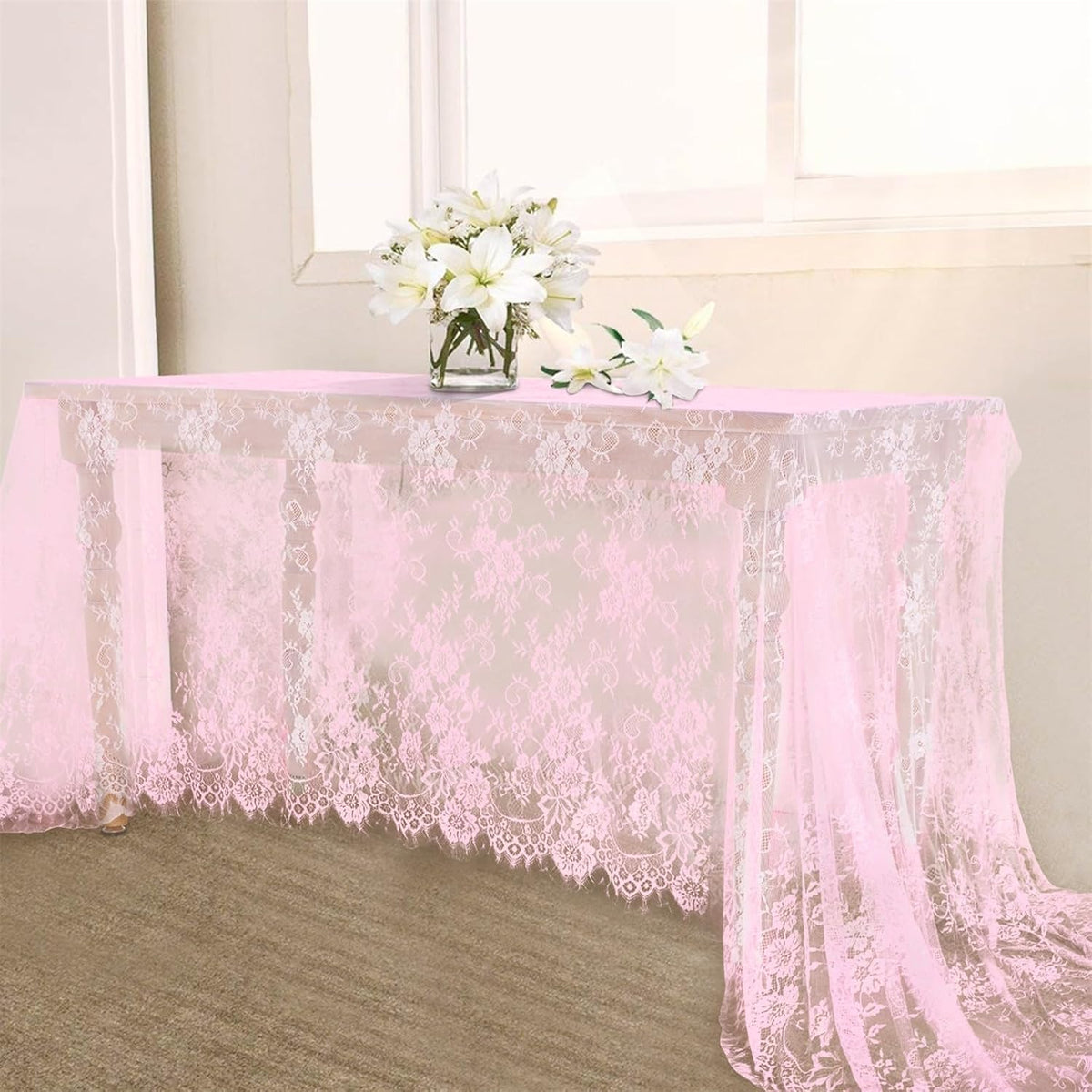LuoluoHouse Pink Lace Table Cloth 60x120inch Tablecloth for Decorations Wedding Bridal Baby Shower