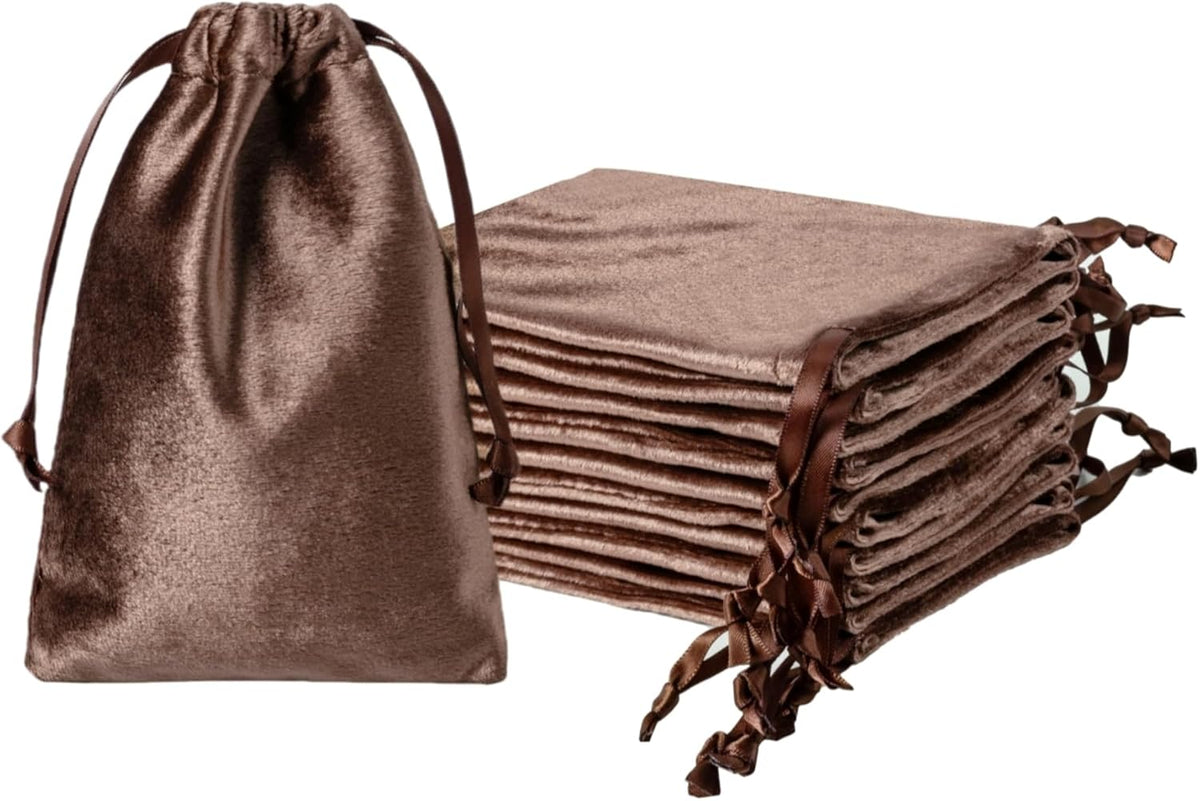 QIANF 12pcs Brown Velvet Drawstring Bags 4x6 inches Glossy Small Velvet Cloth Gift Bags Jewelry