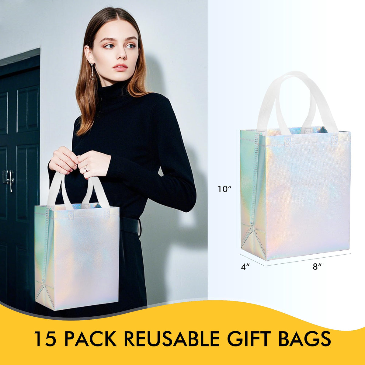 RACETOP 15 Pcs Iridescent Glossy Gift Bags Medium Size, 8x4x10 Inch Holographic Reusable Gift Bags