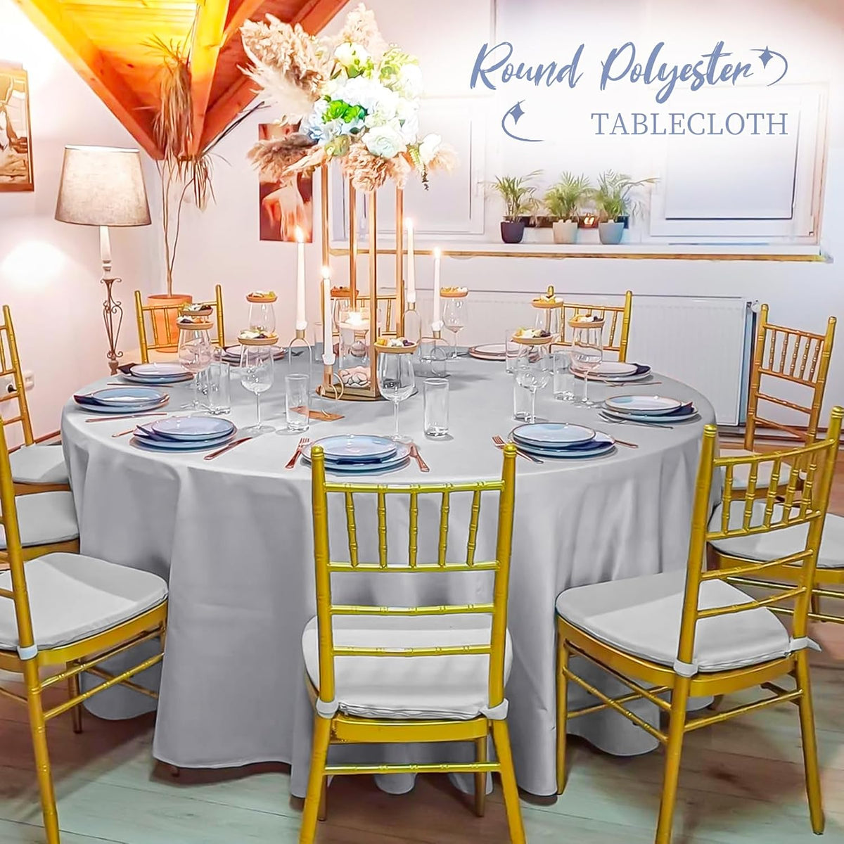 12 Pack Round Tablecloth 120 Inch - Light Grey Polyester Table Cloth for Round Table, Premium Light