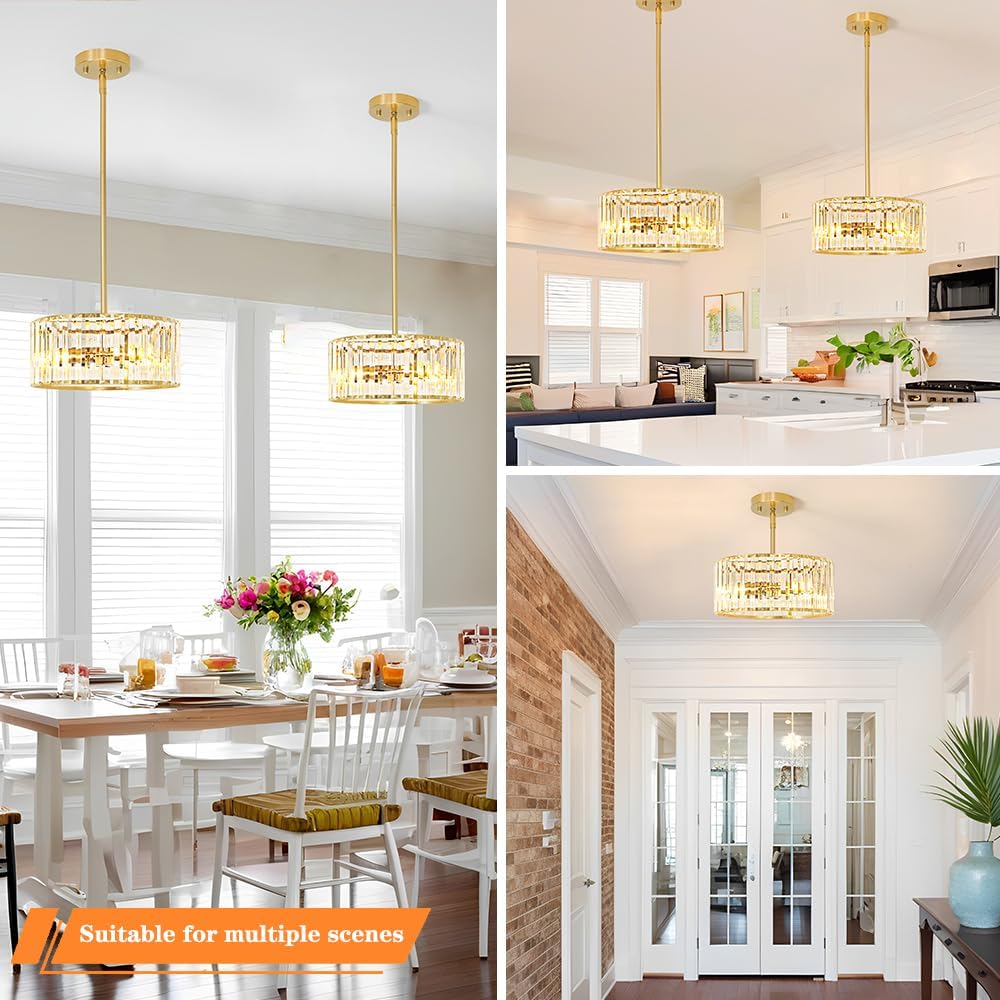 Gold Crystal Chandelier for Dining Room, 3-Light Modern Semi Flush Mount Ceiling Pendant Light