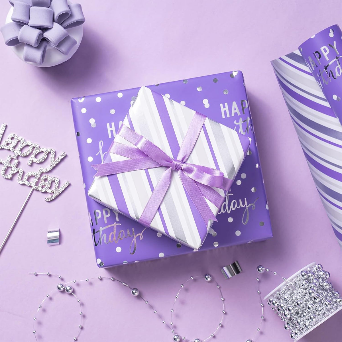 LeZakaa Purple Birthday Wrapping Paper Roll for Girls Women, Happy Birthday Lettering & Stripe