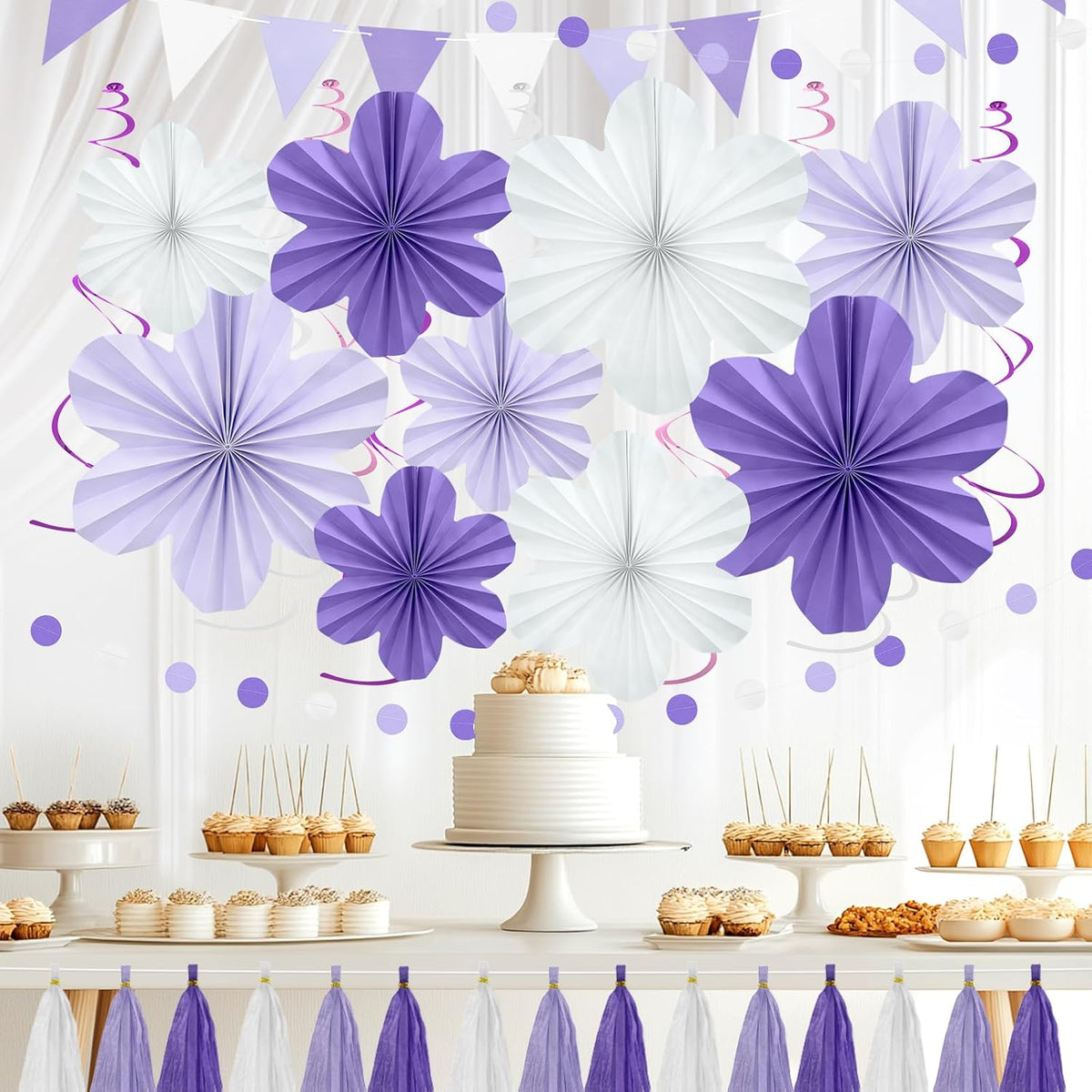 Lavender Birthday Party Decorations - Purple White Party Decorations with Hanging Paper
