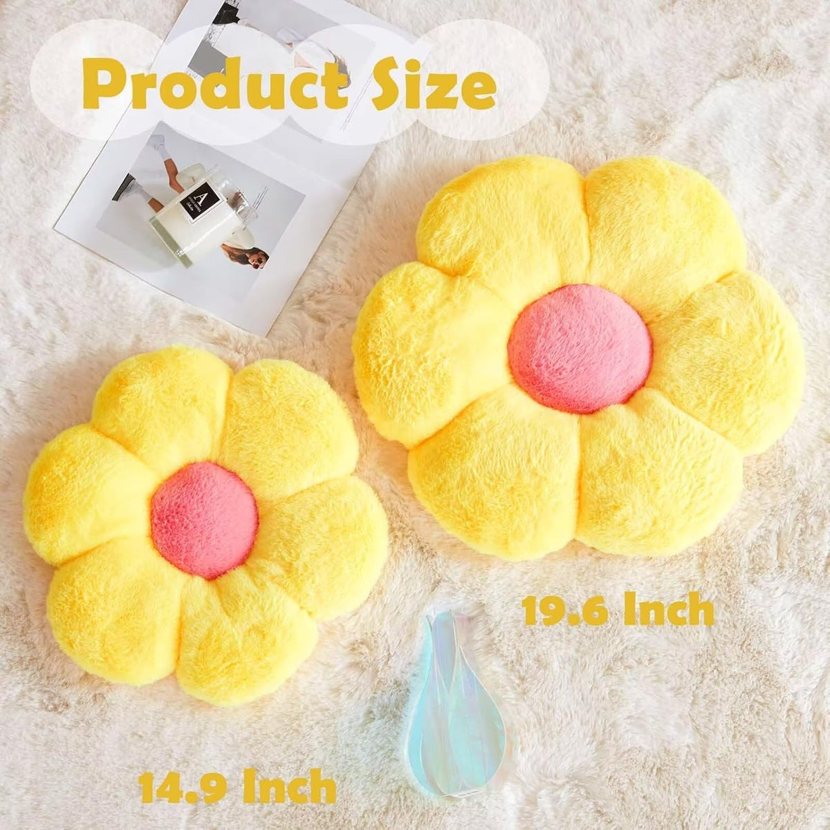 Yellow Flower Plush Throw Pillow, Cute Decorative Flower Shaped with Faux Rabbit Fur, 19.6" Soft