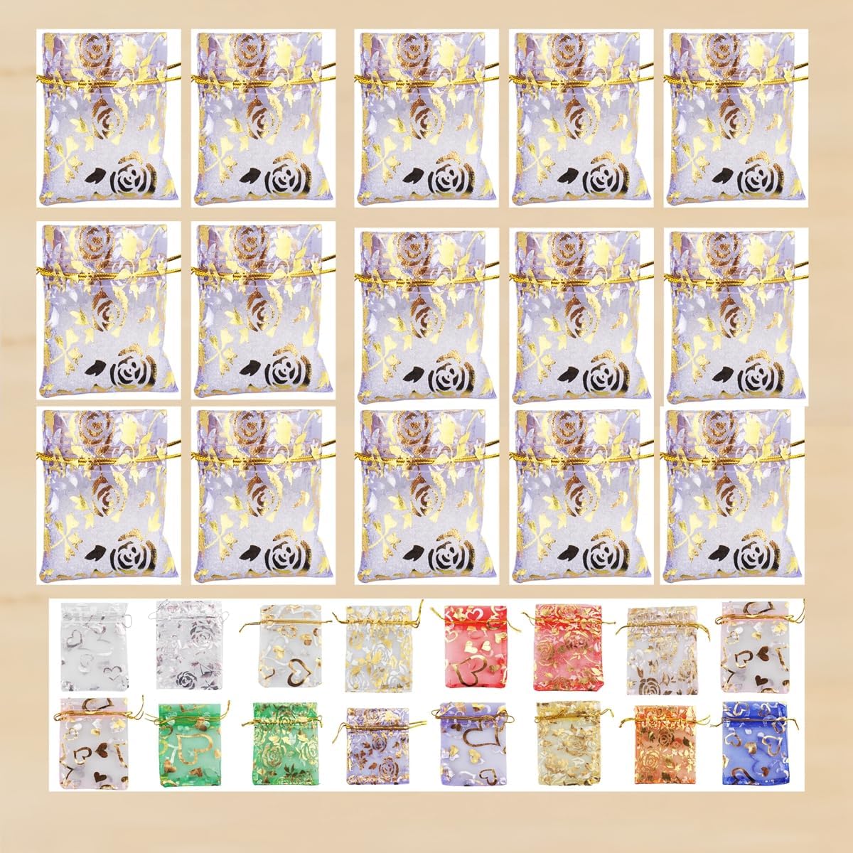 QIANHAILIZZ 100 Pack 2.8 x 3.5 Inch Flower Heart Organza Jewelry Gift Pouch Candy Pouch Drawstring