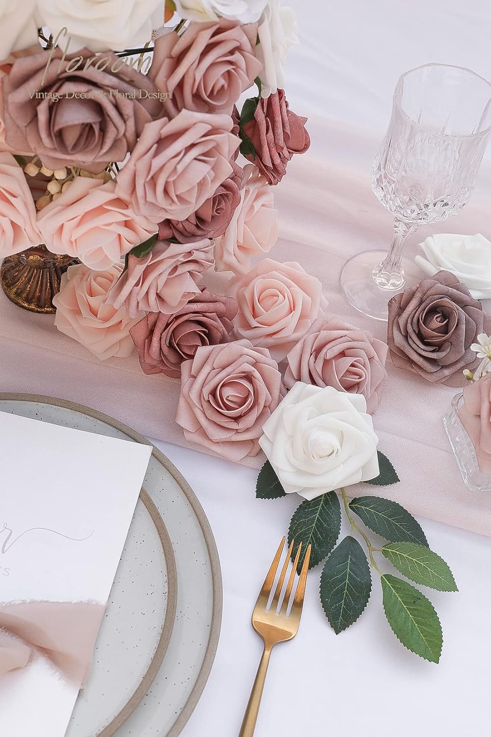 Floroom Artificial Flowers 25pcs Real Looking Dusty Rose Ombre Colors Foam Fake Roses with Stems