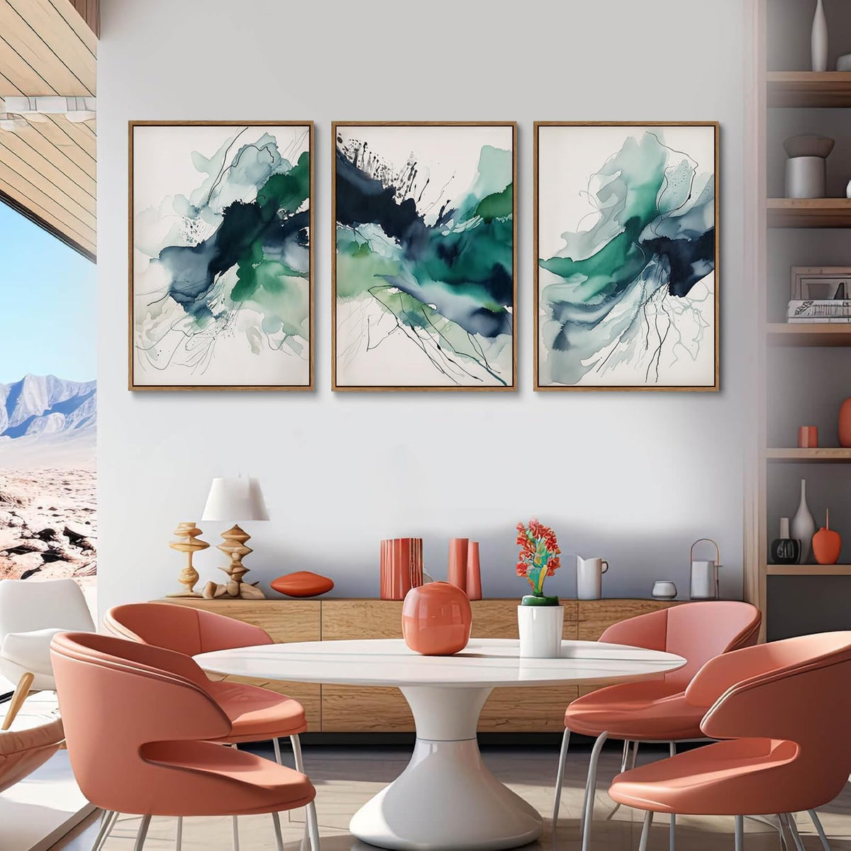 myusuar 3 Piece Large Abstract Framed Wall Art For Living Room, Smoke Texture Ink Emerald Green
