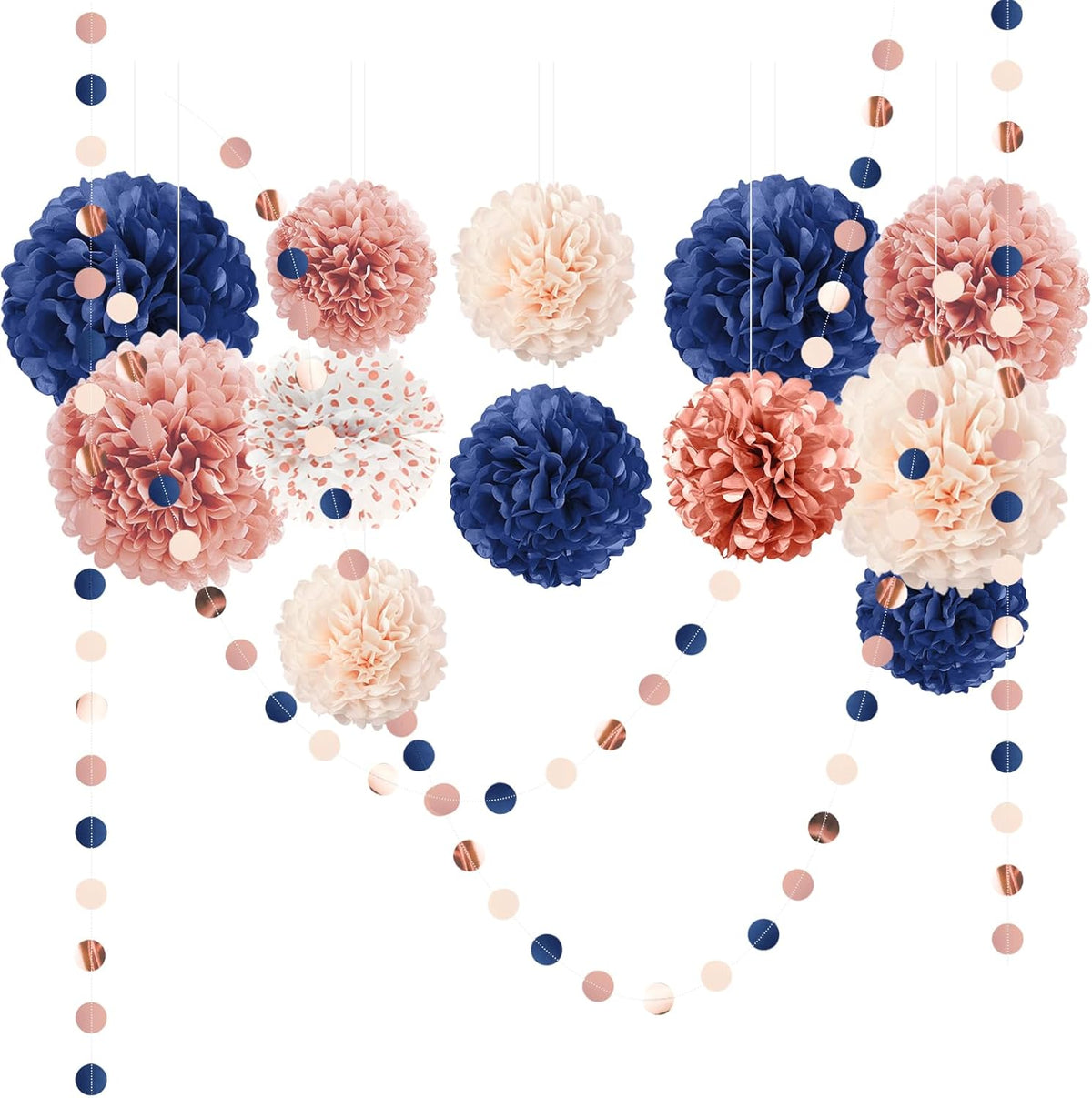 AOBKIAT Rose Gold and Navy Blue Party Decorations Set,Tissue Paper Pom Poms,Paper Garland for Women