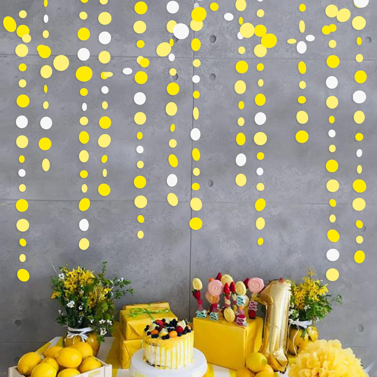 46 Ft Yellow White Circle Dots Garland Gradient Yellow Polka Dot Hanging Paper Streamer for Wedding