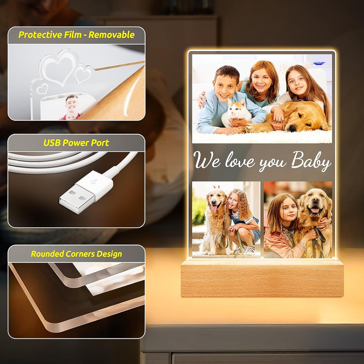 Custom Collage Picture Frames with Photos, Personalized Photo Frame with Night Light, Customized