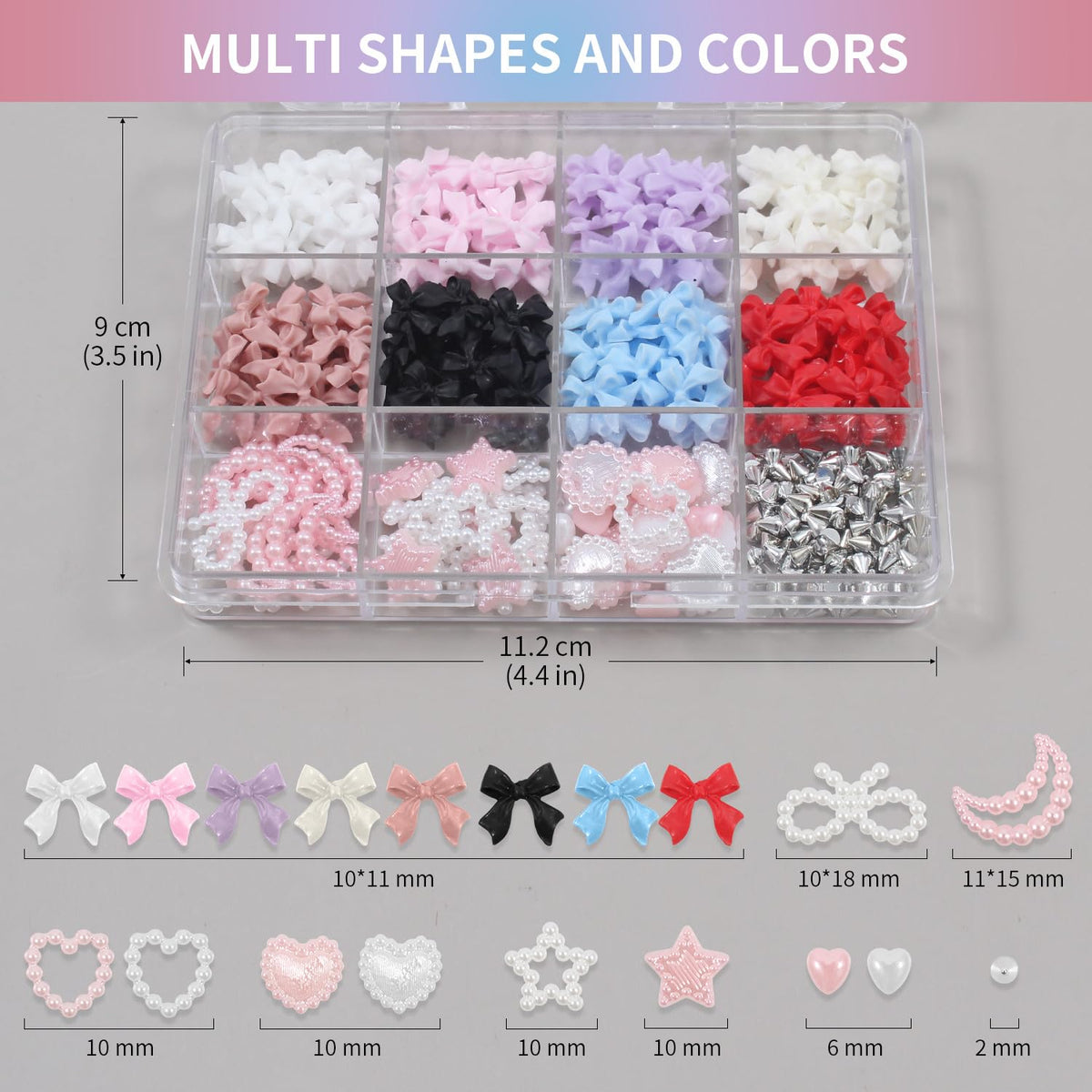 Artdone Nail Art Studs Kit, 12 grids 8 Colors 3D Charms and Pink Mix White Star Heart Moon Cute