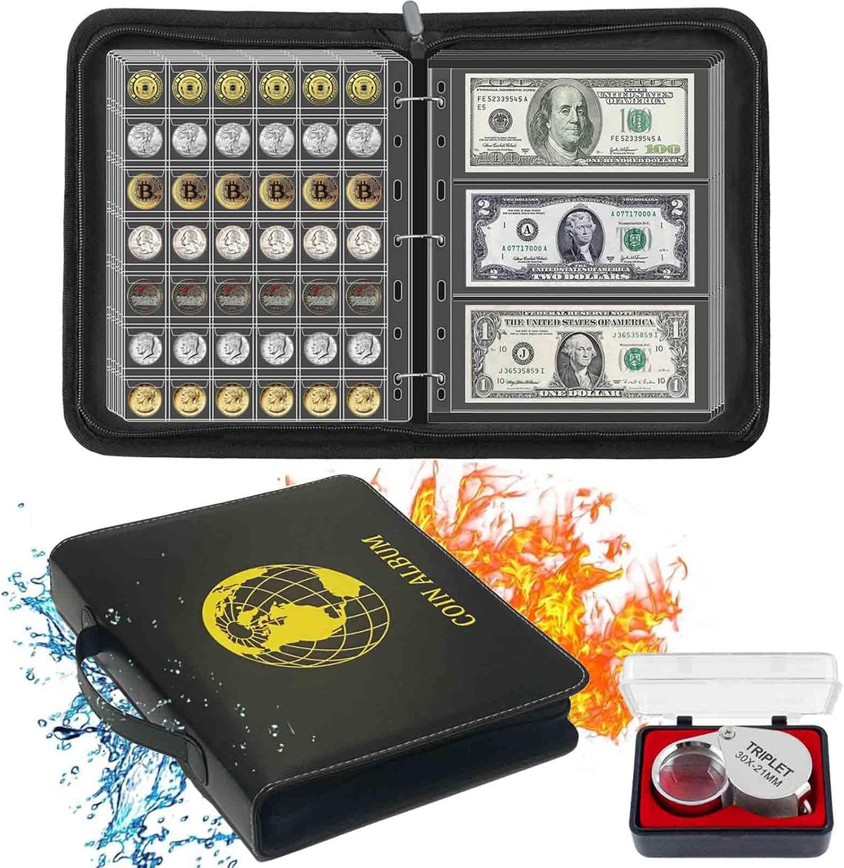 321 Pockets Fireproof Coin Collection Holder Album Book for Collectors, 312 Pockets Coins