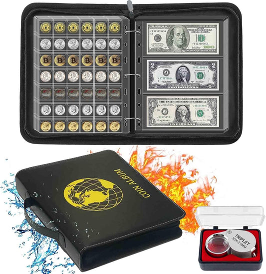 Fireproof Coin Currency Collection Album Book for Collectors, 360 Pockets and 15 Sleeves Paper