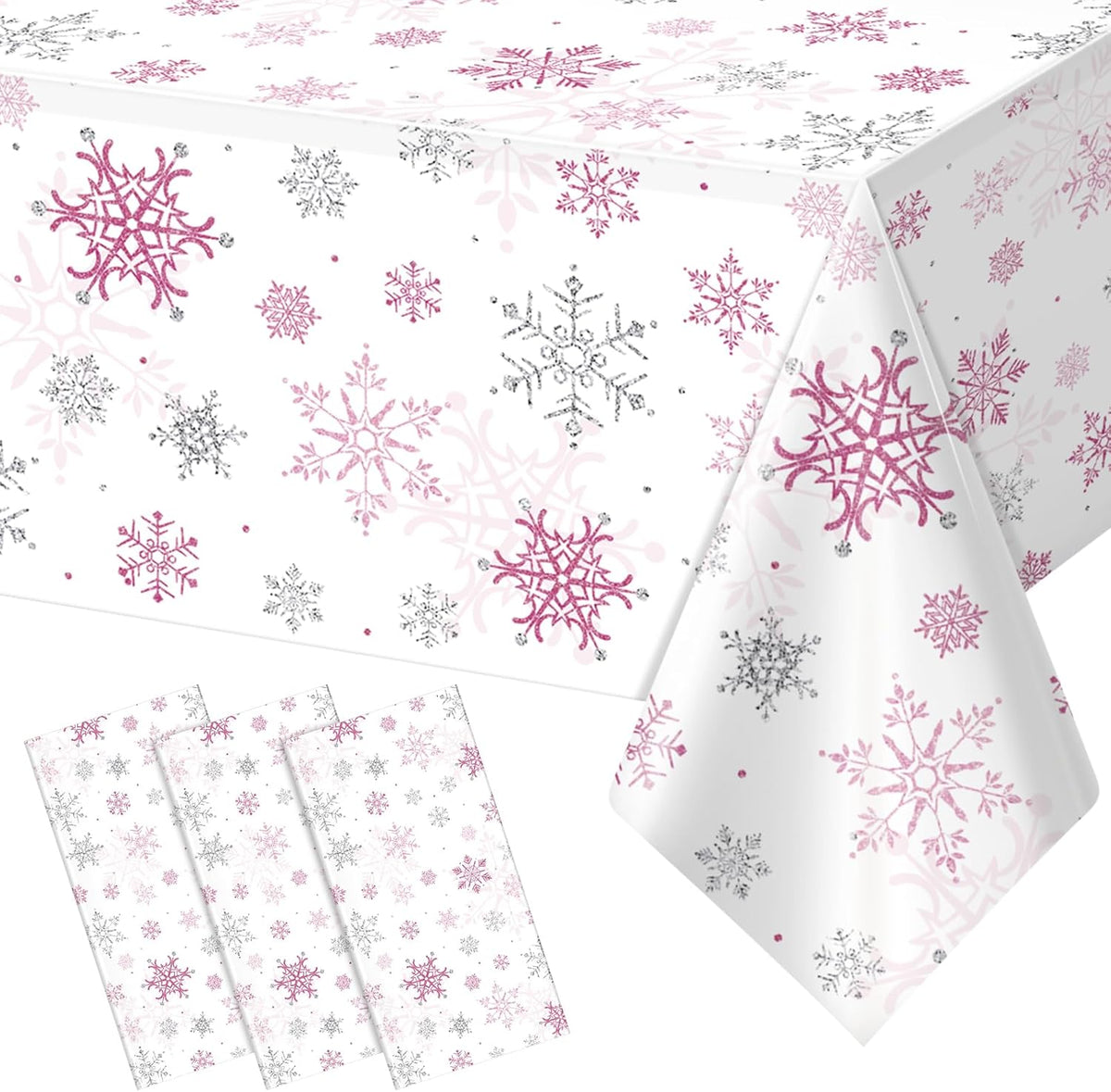 3 Pcs Christmas Snowflake Party Tablecloths Decorations,Plastic Pink Winter Onederland Rectangle