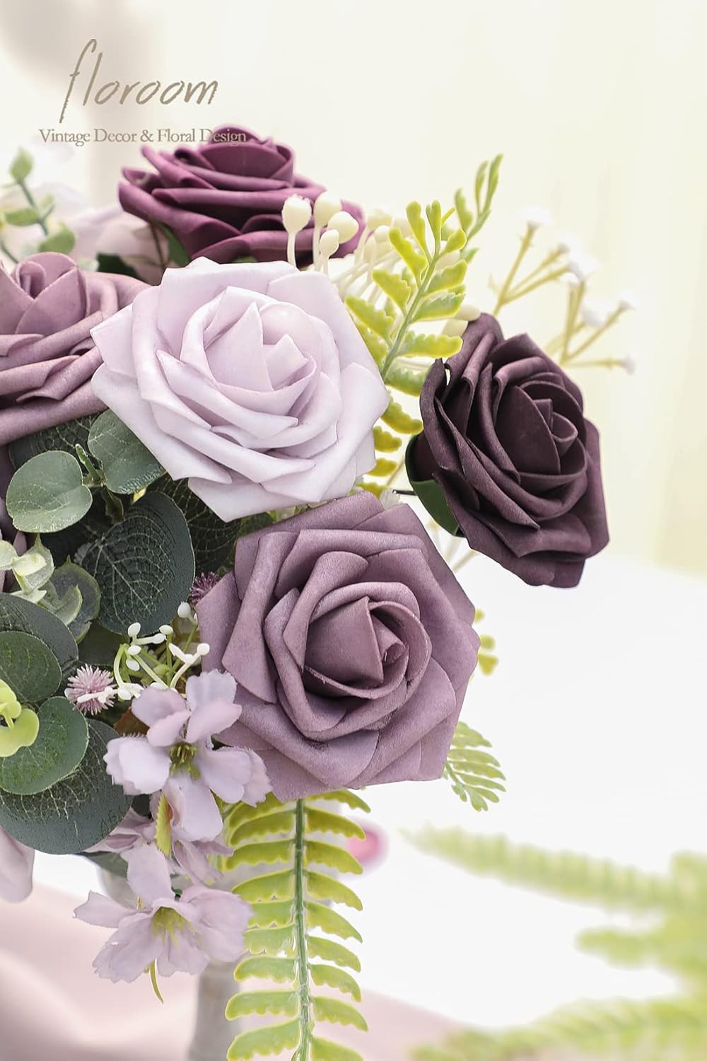 Floroom Artificial Flowers 25pcs Real Looking Plum Ombre Colors Foam Fake Roses with Stems for DIY