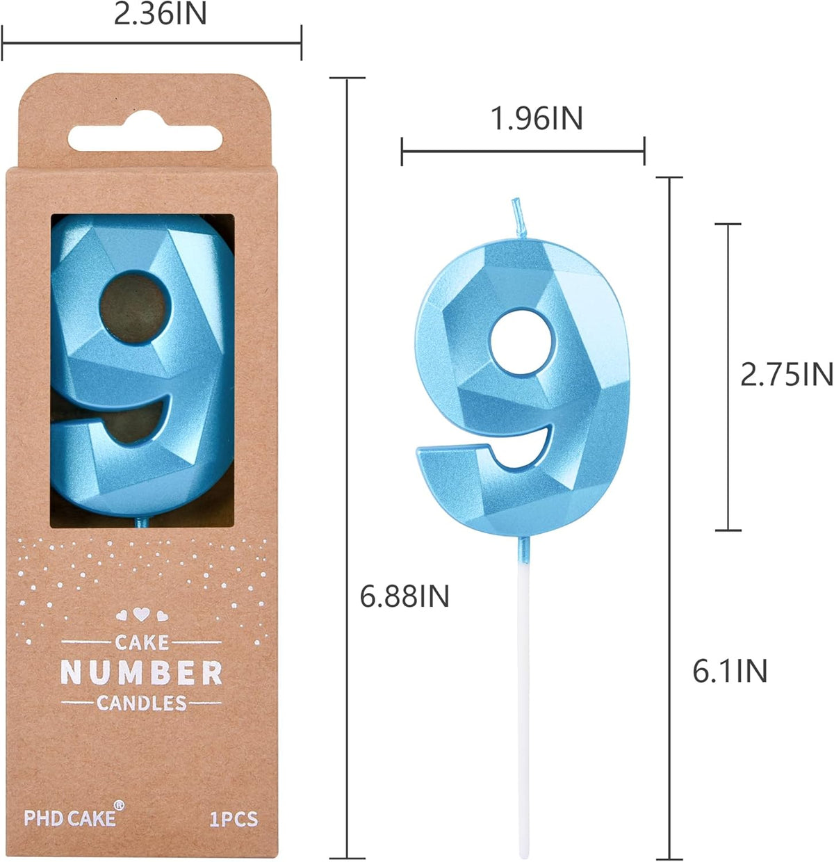 PHD CAKE 2.76 Inch Crystal Blue 9 Number Birthday Candles, Blue Number Candles, Cake Number