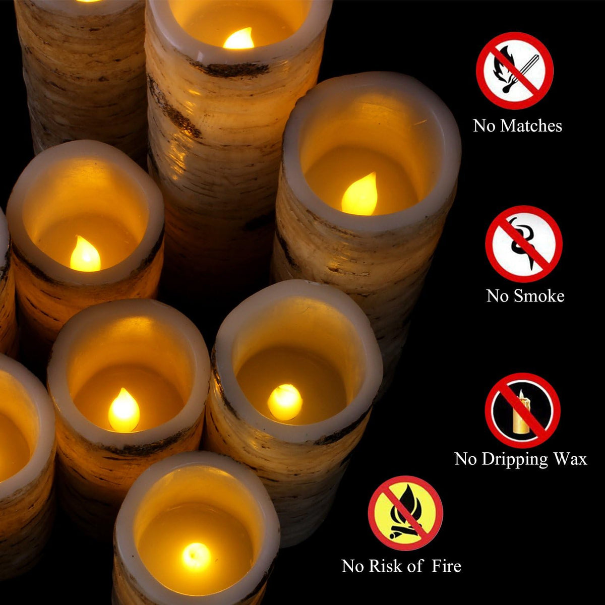 Vinkor Flameless Candles Battery Operated Candles Birch Effect 4" 5" 6" 7" 8" 9" Set of 9 Real Wax