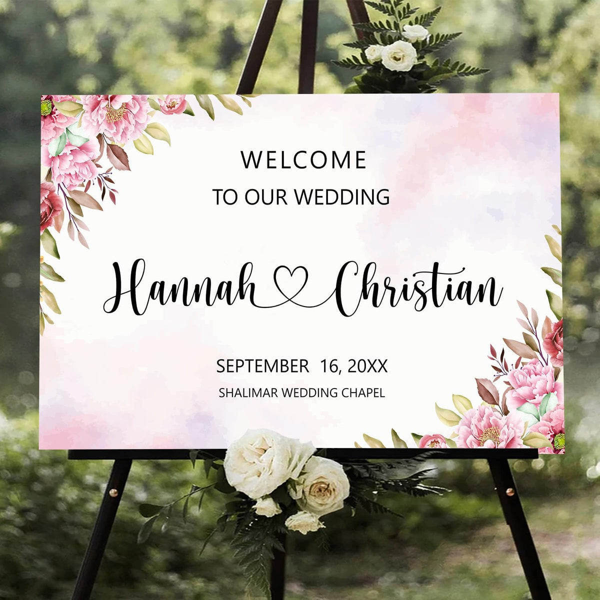 Ethereal Blush Wedding Welcome Sign Template, Editable Printable Modern Rose & Geranium Floral Sign
